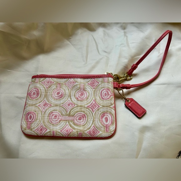 Coach Audrey Op Art Swirl Pink Khaki Canvas Pink Leather Wristlet Wallet EUC - Picture 2 of 4